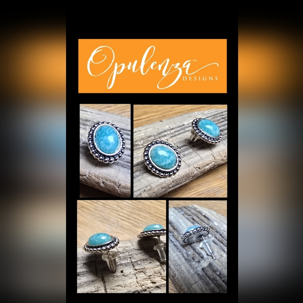 Opulenza Turquoise-Blue Oval Bead-Edge Stud Earrings
